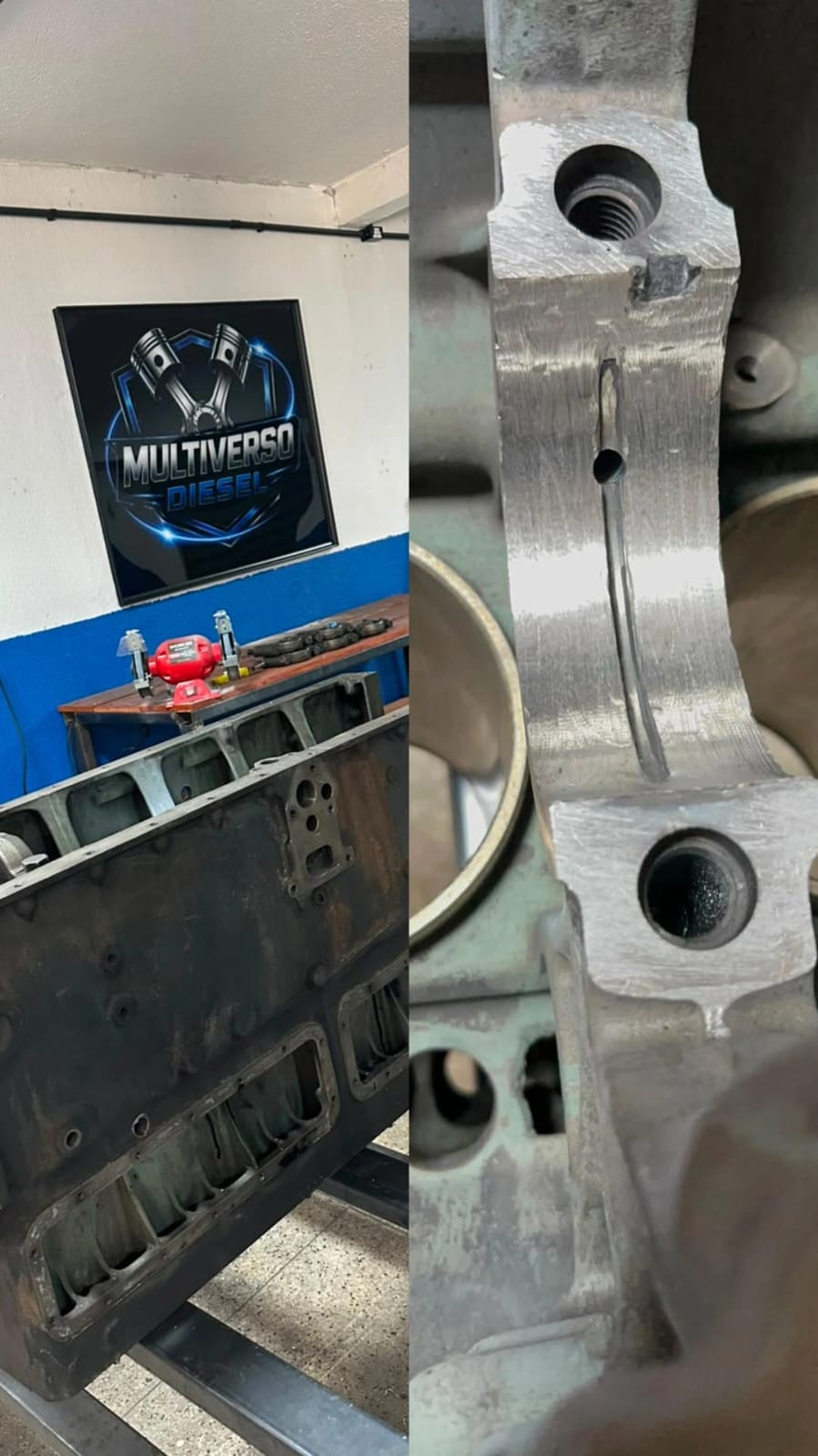 Bloco de motor diesel em processo na oficina Multiverso Diesel